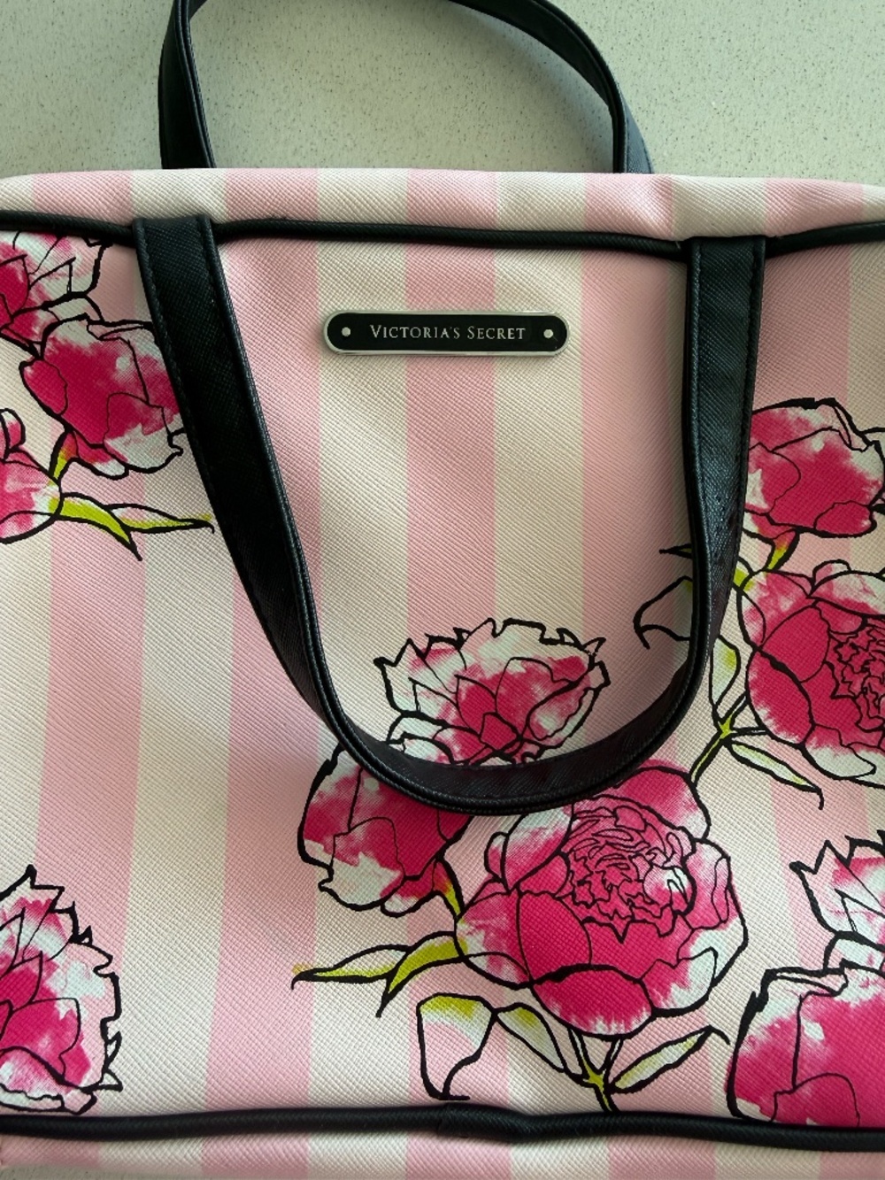 Victoria’s Secret Pink Stripe Floral Hanging Travel Makeup Bag Cosmetic Toiletry - Picture 2 of 10